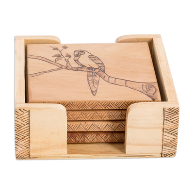 Wood coasters, 'Macaw's Drinks' (set of 4) - Set of 4 Macaw-Themed Laurel Wood Coasters with Storage Box