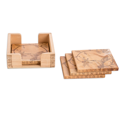 Wood coasters, 'Hummingbird's Drinks' (set of 4) - Set of 4 Bird-Themed Laurel Wood Coasters with Storage Box