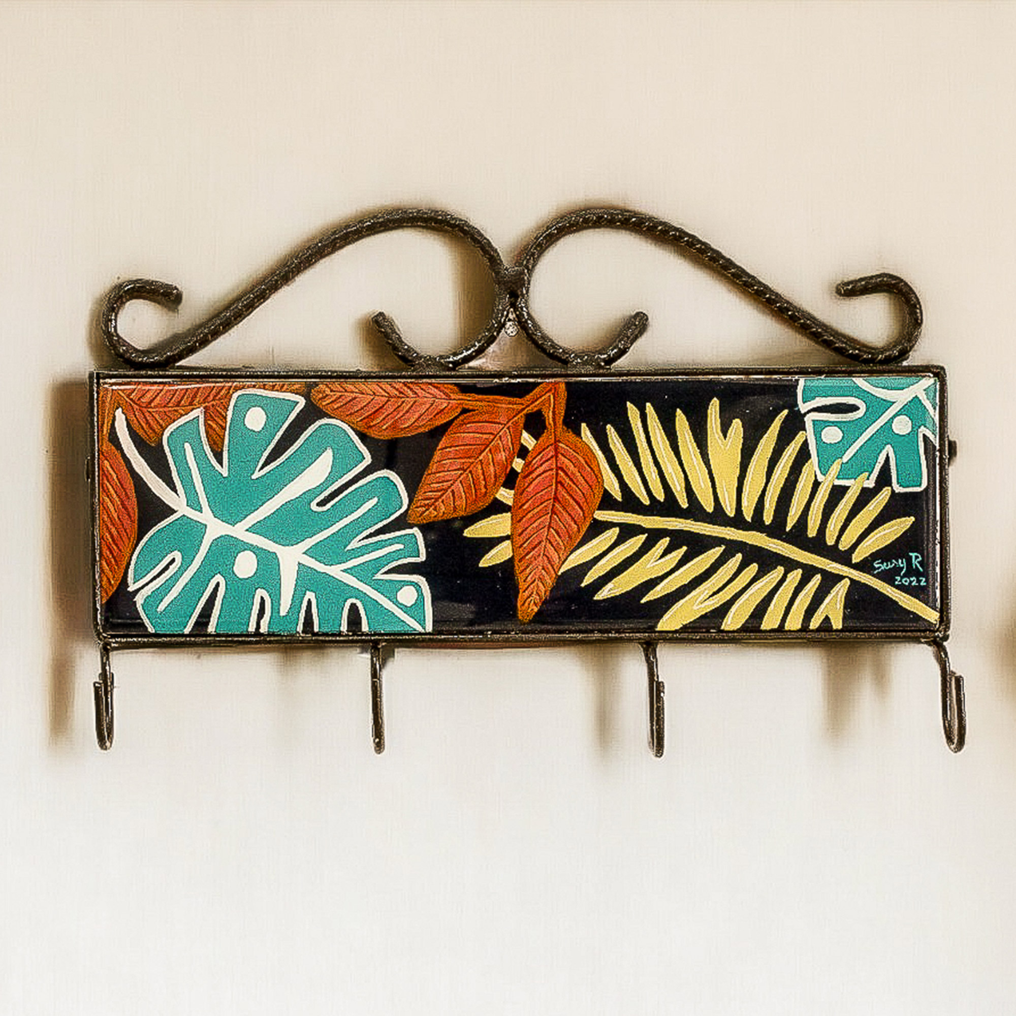 Costa in NOVICA | and Rica Nights - Iron Wood Rack Black Laurel Leafy Hand-Painted Key