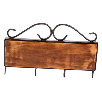 Iron and wood key rack, 'Nights in Costa Rica' - Hand-Painted Leafy Black Iron and Laurel Wood Key Rack