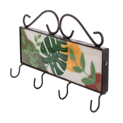 Iron and wood key rack, 'Mornings in Costa Rica' - Hand-Painted Leafy White Iron and Laurel Wood Key Rack
