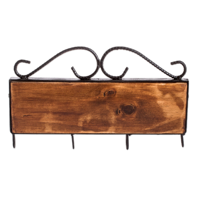 Iron and wood key rack, 'Mornings in Costa Rica' - Hand-Painted Leafy White Iron and Laurel Wood Key Rack