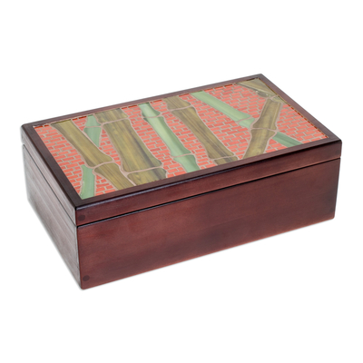 Caja de té de madera - Caja de té de madera de pino hecha a mano con temática de caña de azúcar en color marrón