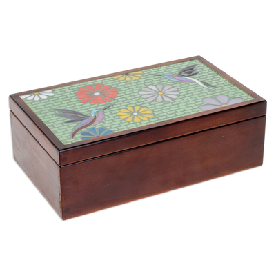 Teedose aus Holz - Handgefertigte Teebox aus Kiefernholz mit Naturmotiv in Braun