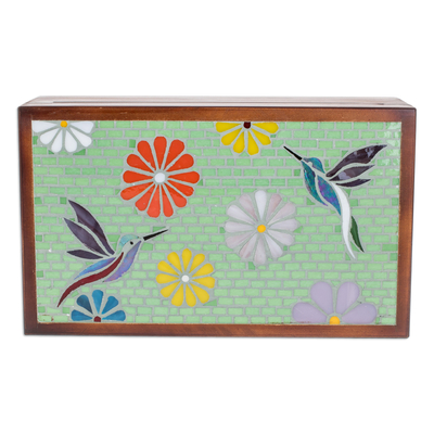 Wood tea box, 'Spring Visions' - Handcrafted Nature-Themed Pinewood Tea Box in Brown