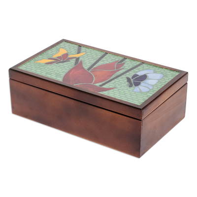 Caja de té de madera - Caja de té de madera de pino hecha a mano con temática de mariposas en color marrón