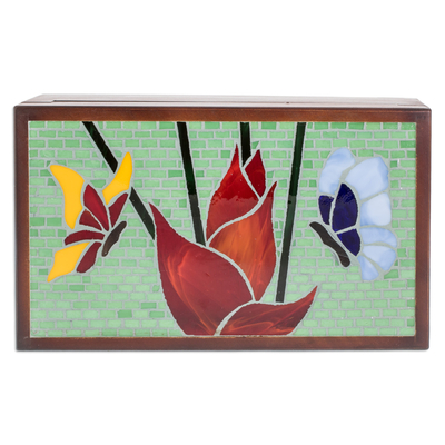 Teedose aus Holz - Handgefertigte Teedose aus Kiefernholz mit Schmetterlingsmotiv in Braun