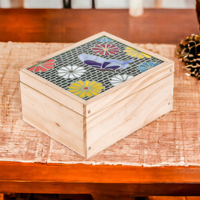 Caja de té de madera - Caja de té de madera de pino con mosaico floral hecha a mano en blanco