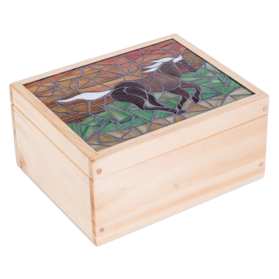 Wood tea box, 'Delightful Liberty' - Handcrafted Horse Mosaic Pinewood Tea Box in White