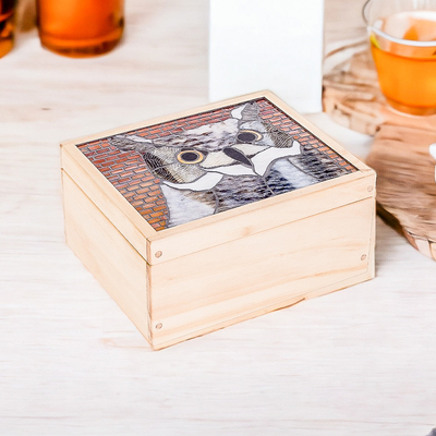 Teedose aus Holz - Handgefertigte Teedose aus Kiefernholz mit Eulenmosaik in Weiß