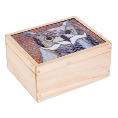 Wood tea box, 'Delightful Wisdom' - Handcrafted Owl Mosaic Pinewood Tea Box in White