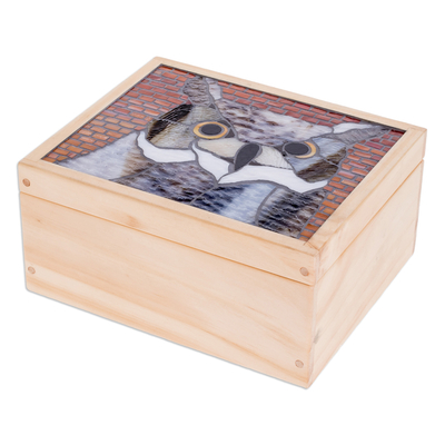 Caja de té de madera - Caja de té de madera de pino con mosaico de búho artesanal en blanco