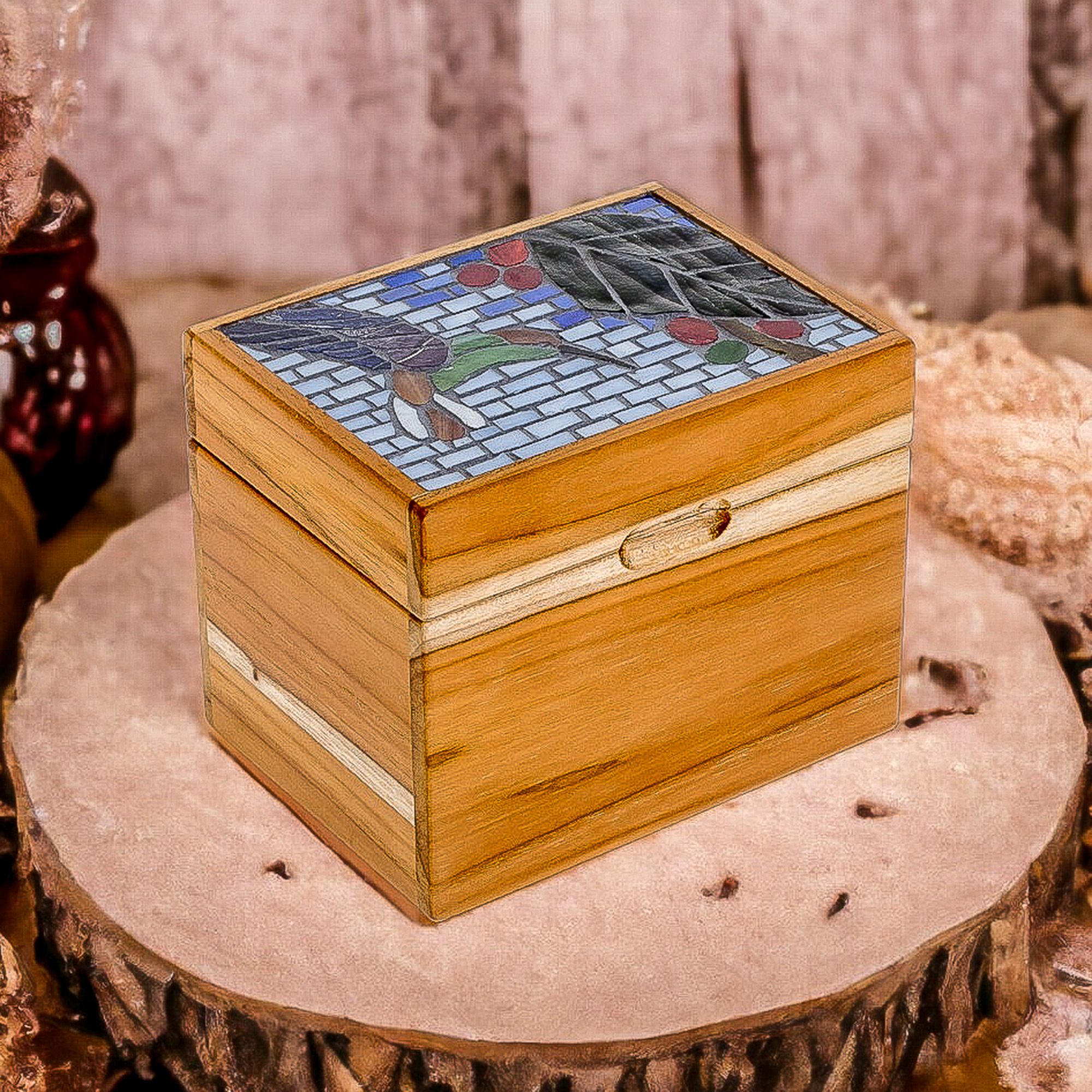 Caja decorativa de madera de teca con mosaico con temática de