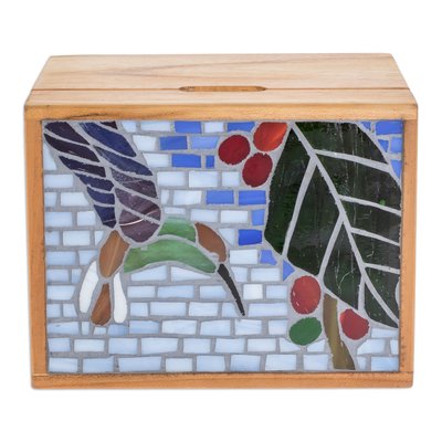 Wood decorative box, 'Mosaically Harmonious' - Handcrafted Hummingbird Mosaic Teak Wood Decorative Box