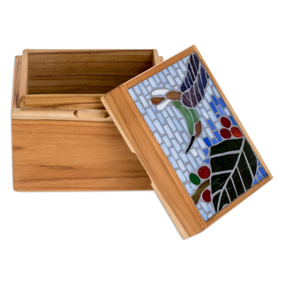 Dekorative Box aus Holz - Handgefertigte Kolibri-Mosaik-Dekobox aus Teakholz