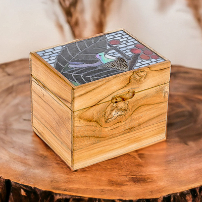 Dekorative Box aus Holz - Dekorative Box aus Teakholz mit Mosaikmotiv und Kolibri-Motiv