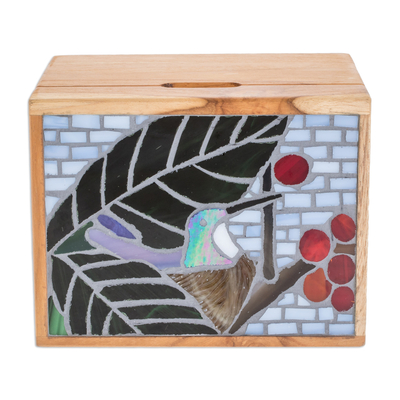 Caja decorativa de madera de teca con mosaico con temática de