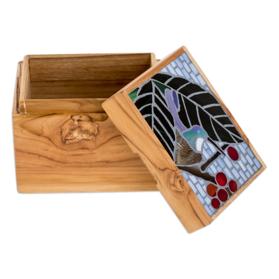 Caja decorativa de madera de teca con mosaico con temática de colibrí,  'mosaicamente encantadora