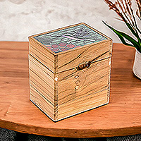 Caja decorativa de madera, 'Mosaically Sweet' - Caja decorativa de madera de teca y vidrio con mosaico de colibrí