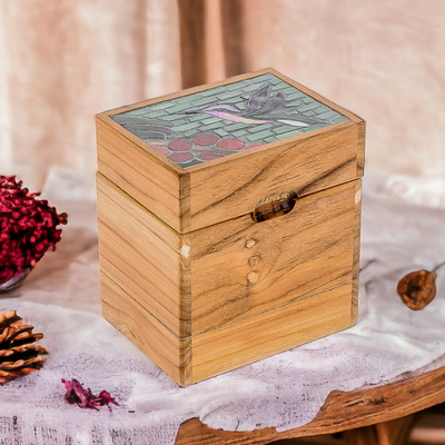 Wood decorative box, 'Mosaically Sweet' - Hummingbird Mosaic Teak Wood and Glass Decorative Box