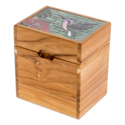 Wood decorative box, 'Mosaically Sweet' - Hummingbird Mosaic Teak Wood and Glass Decorative Box