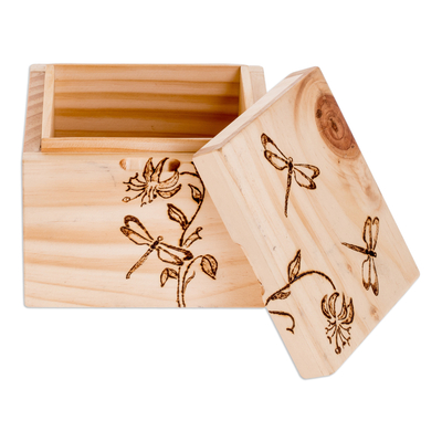 Wood decorative box, 'Dragonfly Traces' - Carved Floral and Dragonfly-Themed Pinewood Decorative Box