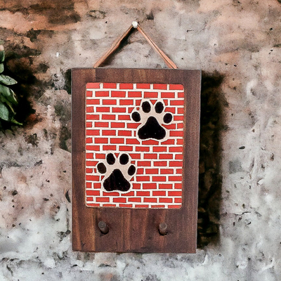 Wood coat rack, 'Lovely Paws' - Handcrafted Paw-Themed Teak Wood and Glass Mosaic Coat Rack
