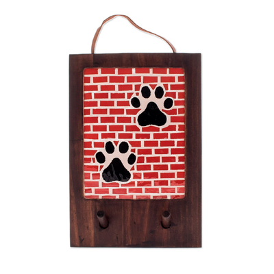 Wood coat rack, 'Lovely Paws' - Handcrafted Paw-Themed Teak Wood and Glass Mosaic Coat Rack