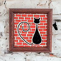 Acento de pared de madera y vidrio, 'Mosaico felino' - Acento de pared de mosaico de vidrio y madera de teca con temática de gatos
