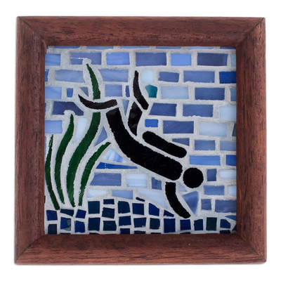Wood and glass wall accent, 'Ultramarine Mosaic' - Scuba Diver-Themed Teak Wood and Glass Mosaic Wall Accent