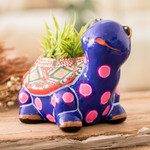 Ceramic flower pot, 'Herbaceous Turtle' - Hand-Painted Blue Ceramic Turtle Flower Pot from Guatemala