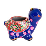 Ceramic flower pot, 'Herbaceous Turtle' - Hand-Painted Blue Ceramic Turtle Flower Pot from Guatemala