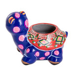 Ceramic flower pot, 'Herbaceous Turtle' - Hand-Painted Blue Ceramic Turtle Flower Pot from Guatemala
