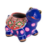 Ceramic flower pot, 'Herbaceous Turtle' - Hand-Painted Blue Ceramic Turtle Flower Pot from Guatemala