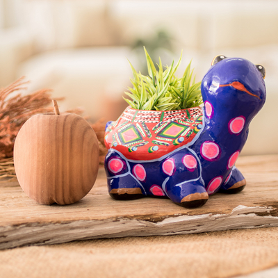 Ceramic flower pot, 'Herbaceous Turtle' - Hand-Painted Blue Ceramic Turtle Flower Pot from Guatemala