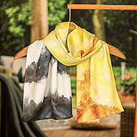 Printed scarf, 'Brown-and-Yellow Marshbird' - Brown-and-Yellow Marshbird Inspired Abstract Printed Scarf
