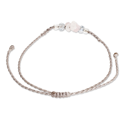 Rose quartz macrame pendant bracelet, 'Healing Flower' - Adjustable Macrame Rose Quartz and Crystal Pendant Bracelet