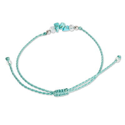 Macrame pendant bracelet, 'Tropical Lagoon Trio' - Handmade Recon Turquoise and Crystal Pendant Bracelet