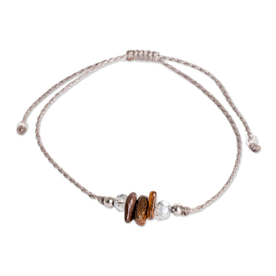 Tiger's eye macrame pendant bracelet, 'Tropical Courageous Trio' - Handcrafted Tiger's Eye and Crystal Pendant Bracelet