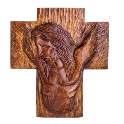 Wood cross wall art, 'Savior on the Cross' - Hand-Carved Religious Cross-Shaped Pochote Wood Wall Art