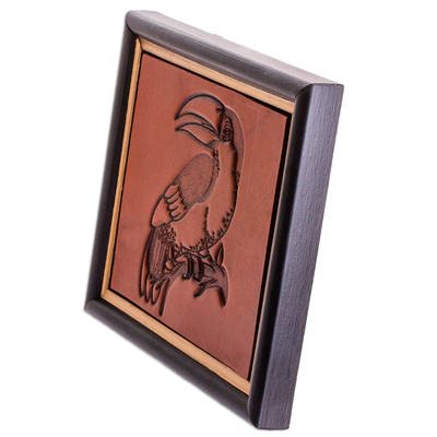 Leather wall art, 'Rustic Toucan' - Handcrafted Toucan-Themed Pinewood-Framed Leather Wall Art