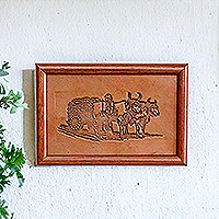Arte de pared de cuero, 'Rustic Wagon' - Arte de pared de cuero clásico hecho a mano con marco de madera de pino