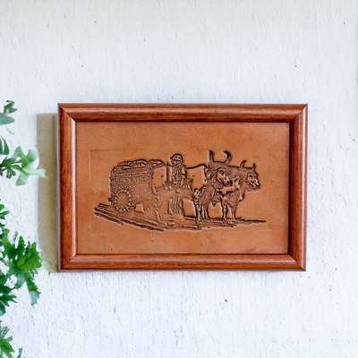 Leather wall art, 'Rustic Wagon' - Handcrafted Classic Pinewood-Framed Leather Wall Art