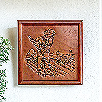 Arte de pared de cuero, 'Tierras Rústicas' - Arte de pared de cuero cultural hecho a mano con marco de madera de pino