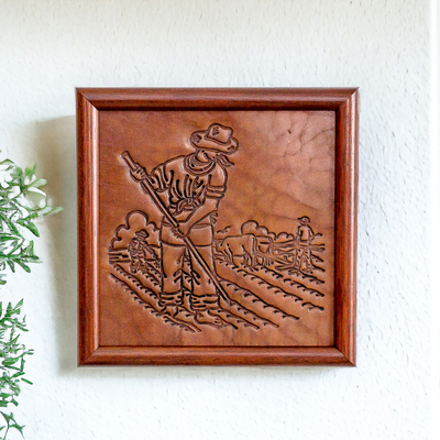 Leather wall art, 'Rustic Lands' - Handcrafted Cultural Pinewood-Framed Leather Wall Art