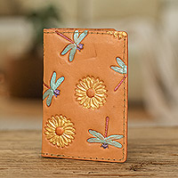 Leather card wallet, 'Daisies and Dragonflies'