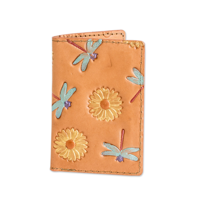 Leather card wallet, 'Daisies and Dragonflies' - Leather Card Wallet with Hand-Painted Dragonfly Daisy Motifs