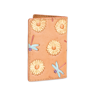 Leather card wallet, 'Daisies and Dragonflies' - Leather Card Wallet with Hand-Painted Dragonfly Daisy Motifs