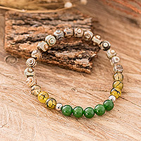Men's agate and jade beaded stretch bracelet, 'Earth and Forest' - Handcrafted Men's Agate and Jade Beaded Stretch Bracelet