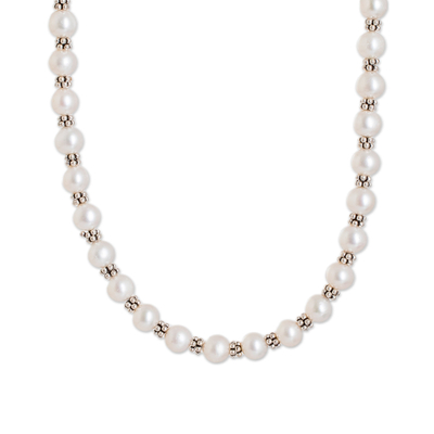 Cultured pearl strand necklace, 'Luxurious Love' - Cultured Pearl Strand Necklace with Sterling Silver Beads